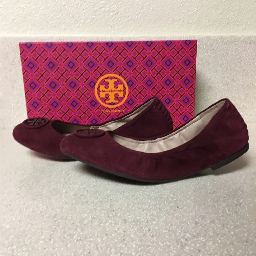 Tory Burch Burgundy Suede Flats with Logo Medallion